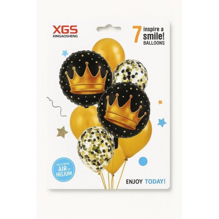 7 Ballons Couronne Noir & Or – Anniversaire Royal