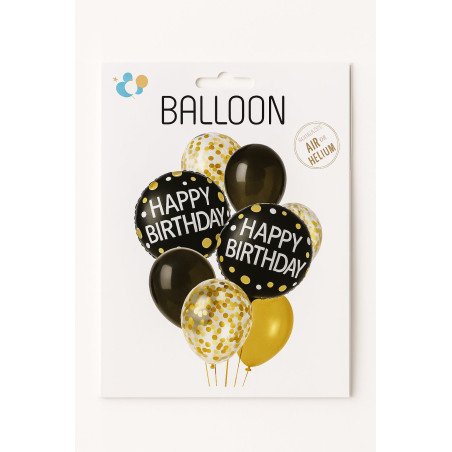 Ballons Happy Birthday Noir & Or – Kit Confettis Élégant