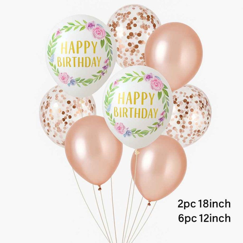 8 Happy Birthday Balloons – Floral Rose Gold & Confetti Set