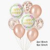 8 Ballons Happy Birthday – Design Floral Rose Gold & Confettis