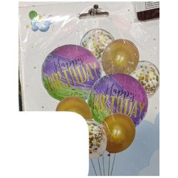 8 Ballons Happy Birthday Multicolore & Or – Effet Brillant