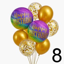 8 Happy Birthday Balloons – Multicolor & Gold Shiny Set