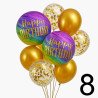 8 Ballons Happy Birthday Multicolore & Or – Effet Brillant