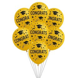 10 Ballons Félicitations – Thème Graduation (Or, Noir, Argent)