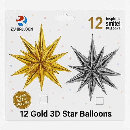 12 Gold 3D Star Balloons – Shiny & Elegant Decor