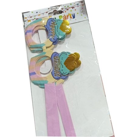 6 Lunettes d’Anniversaire “HAPPY BIRTHDAY” – Forme Gâteau avec Rubans Roses