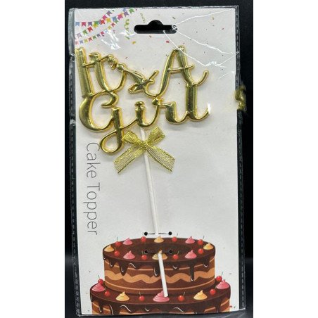 Cake Topper Doré "It's a Girl" avec Nœud