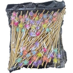 100 Piques Apéritifs en Bois avec Étoiles Multicolores – 12 cm
