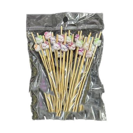 50 Piques Apéritifs en Bois avec Décor Chat Kawaii – 12 cm