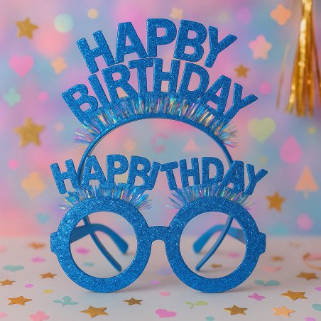Lunettes "Happy Birthday" Bleues Pailletées avec Bandeau