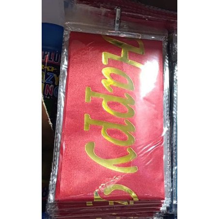 "Happy Birthday" Sash – Red Satin with Gold Letters