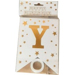 "Happy Birthday" Banner White and Gold Starry