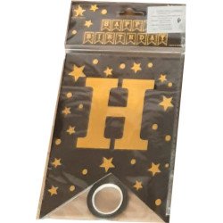 "Happy Birthday" Banner Black and Gold Starry