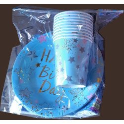 Pack de 30 Pièces Jetable "Happy Birthday" Bleu et Or Étoilé