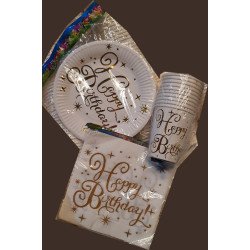 30-Piece Disposable "Happy Birthday" White and Gold Luxury Pack