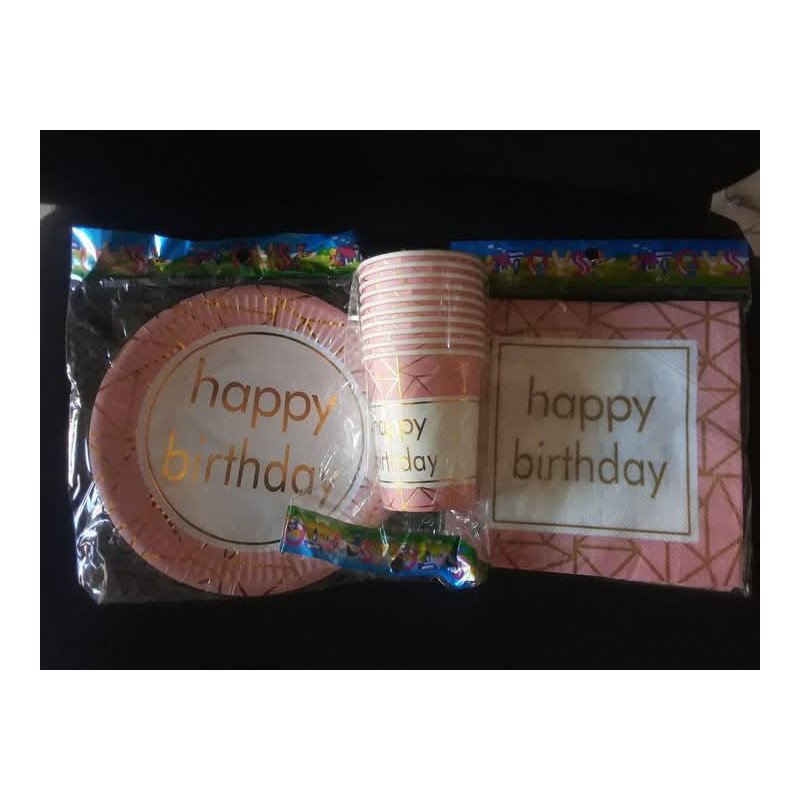 Pack de 30 Pièces Jetable "Happy Birthday" Rose et Doré Géométrique