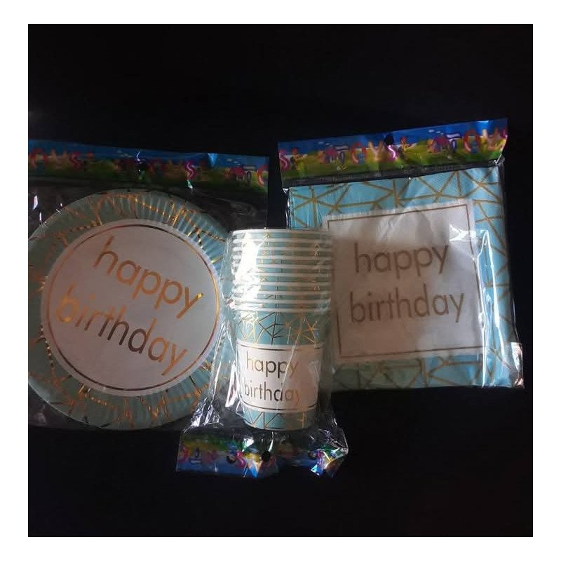 Pack de 30 Pièces Jetable "Happy Birthday" Bleu et Doré Géométrique