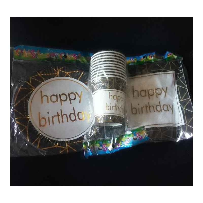 Pack de 30 Pièces Jetable "Happy Birthday" Noir et Doré Géométrique