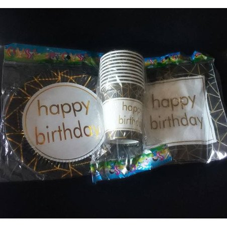 Pack de 30 Pièces Jetable "Happy Birthday" Noir et Doré Géométrique