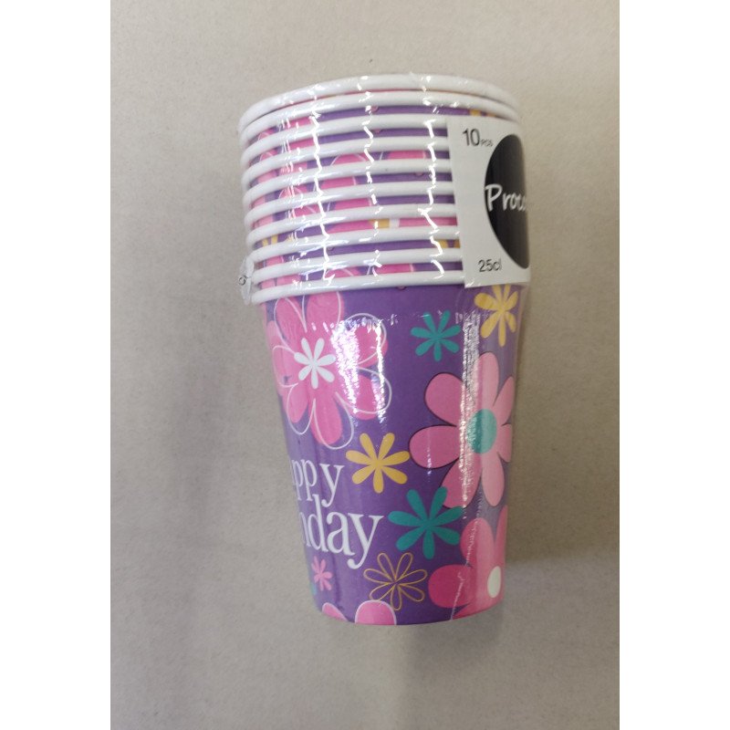 10 Gobelets en Papier "Happy Birthday" - Thème Floral Fille